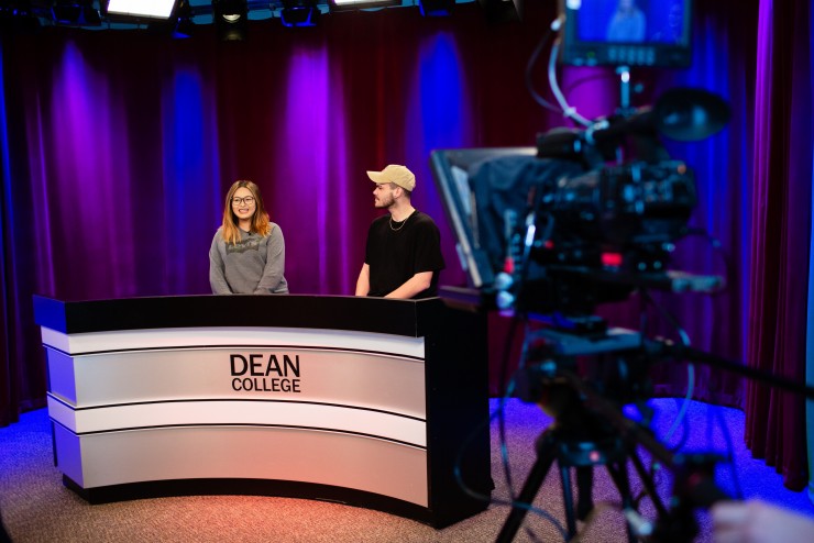 Dean College students preparing to film in the Digital Studios during a class.