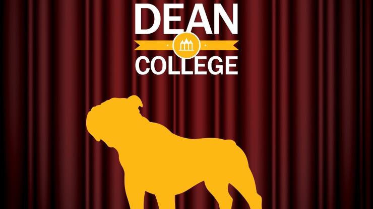 Dean College Bulldog logo in front of theatre curtains and Dean College logo