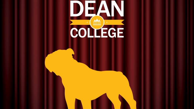 Dean College Bulldog logo in front of theatre curtains and Dean College logo