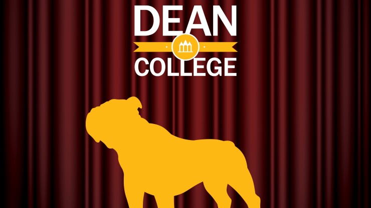 Dean College Bulldog logo in front of theatre curtains and Dean College logo