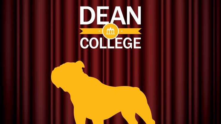 Dean College Bulldog logo in front of theatre curtains and Dean College logo
