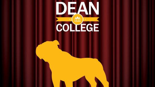 Dean College Bulldog logo in front of theatre curtains and Dean College logo