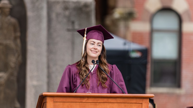 Leah Perez speaking at Dean College Commencement