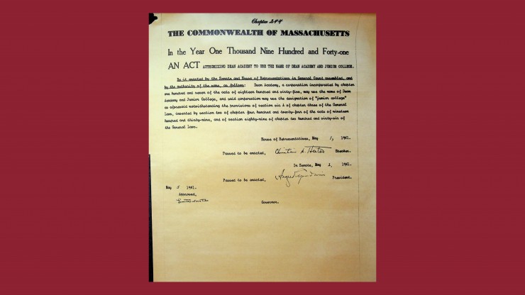 Historic document authorizing the name change to Dean Academy and Junior College