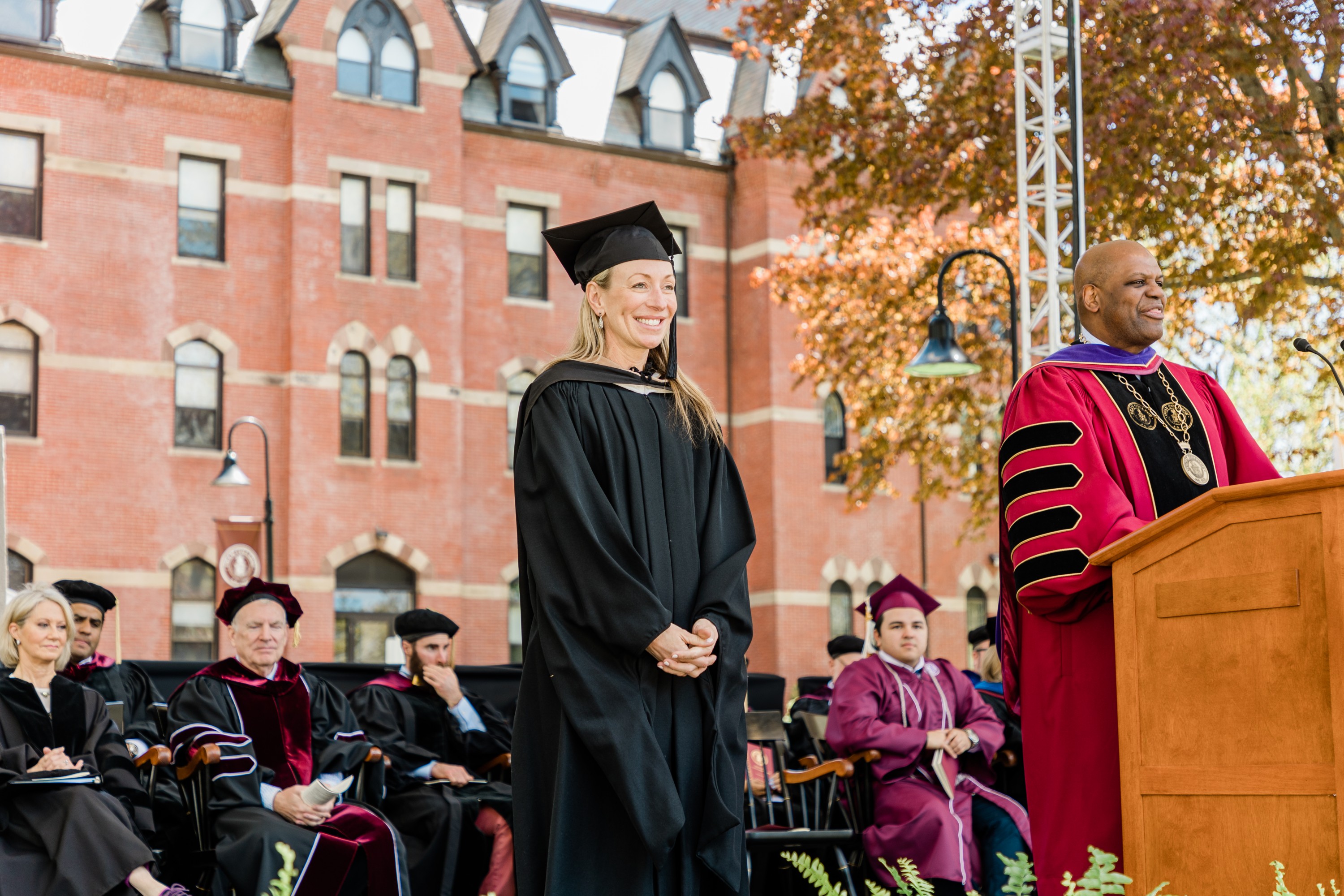 Professor Rys receiving award from President Elmore at Commencement